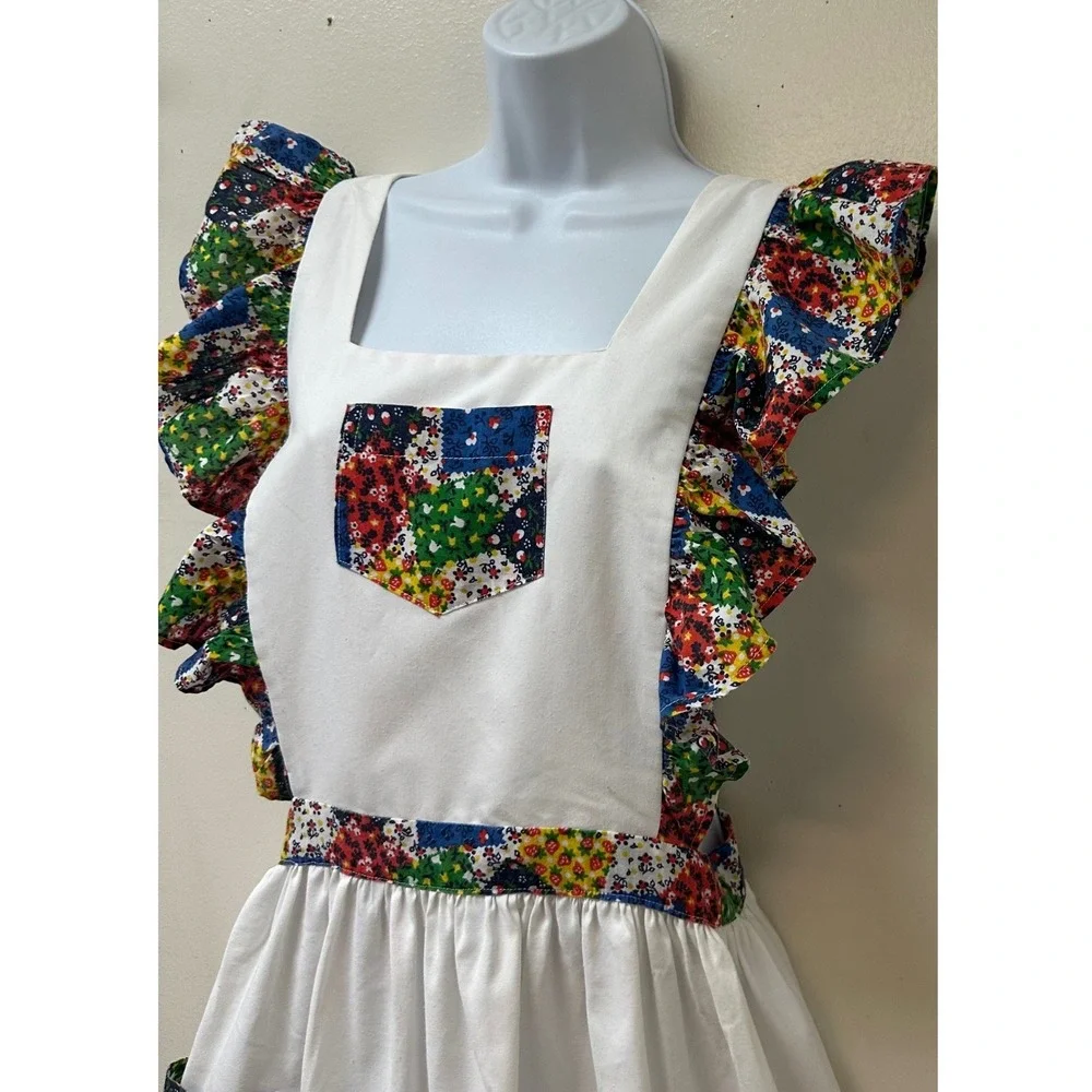 Vintage Handmade White Cotton Pinafore Apron Ruffle Floral Patchwork Cottagecore